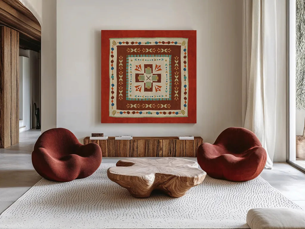 Southwest at Heart Tile VI by Veronique Charron. Shown as extra-large giant wall art in a modern living room. Available as an archival giclee rolled canvas, fine art paper, or poster print. SKU 20011a.