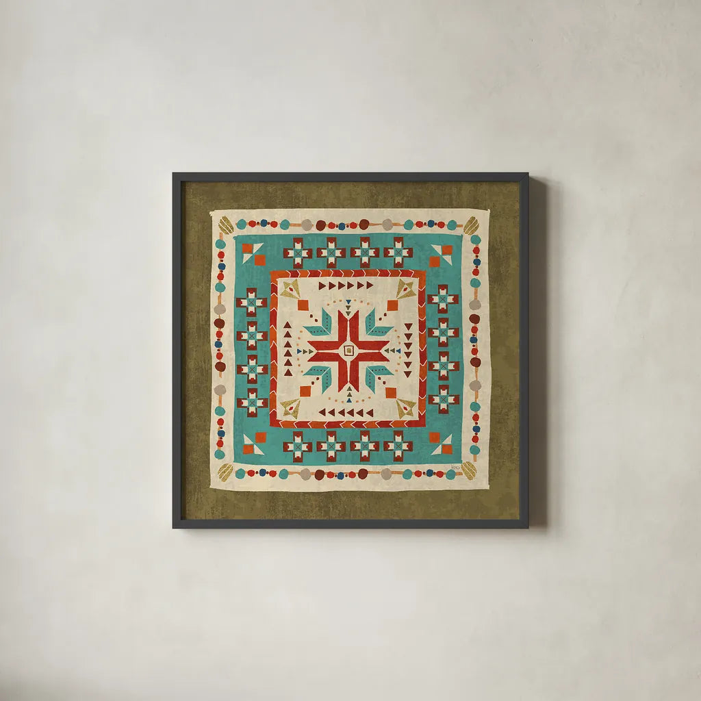 Southwest at Heart Tile VII by Veronique Charron. Shown in a sleek black glass frame for a contemporary gallery look. Available as an archival giclee rolled canvas, fine art paper, or poster print. SKU 20012a.