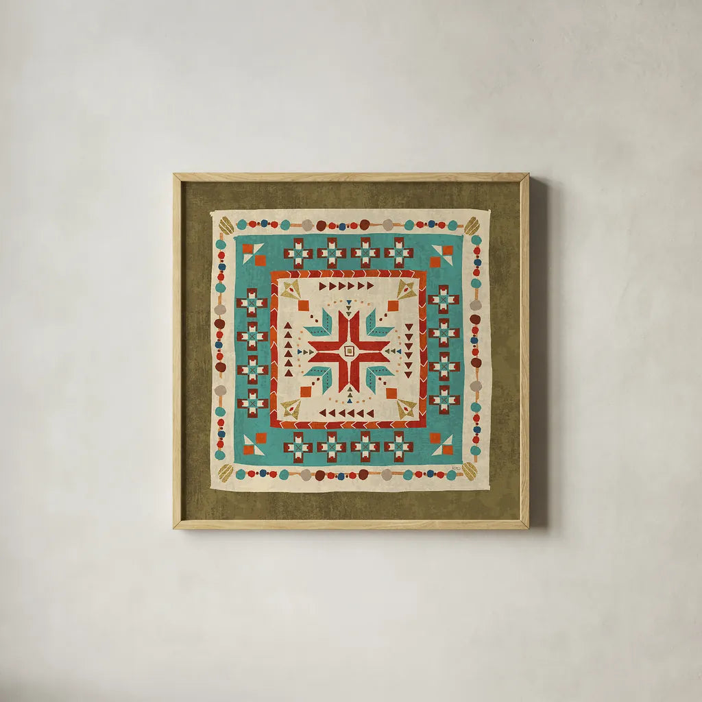 Southwest at Heart Tile VII by Veronique Charron. Shown in a natural wood glass frame for a timeless modern aesthetic. Available as an archival giclee rolled canvas, fine art paper, or poster print. SKU 20012a.