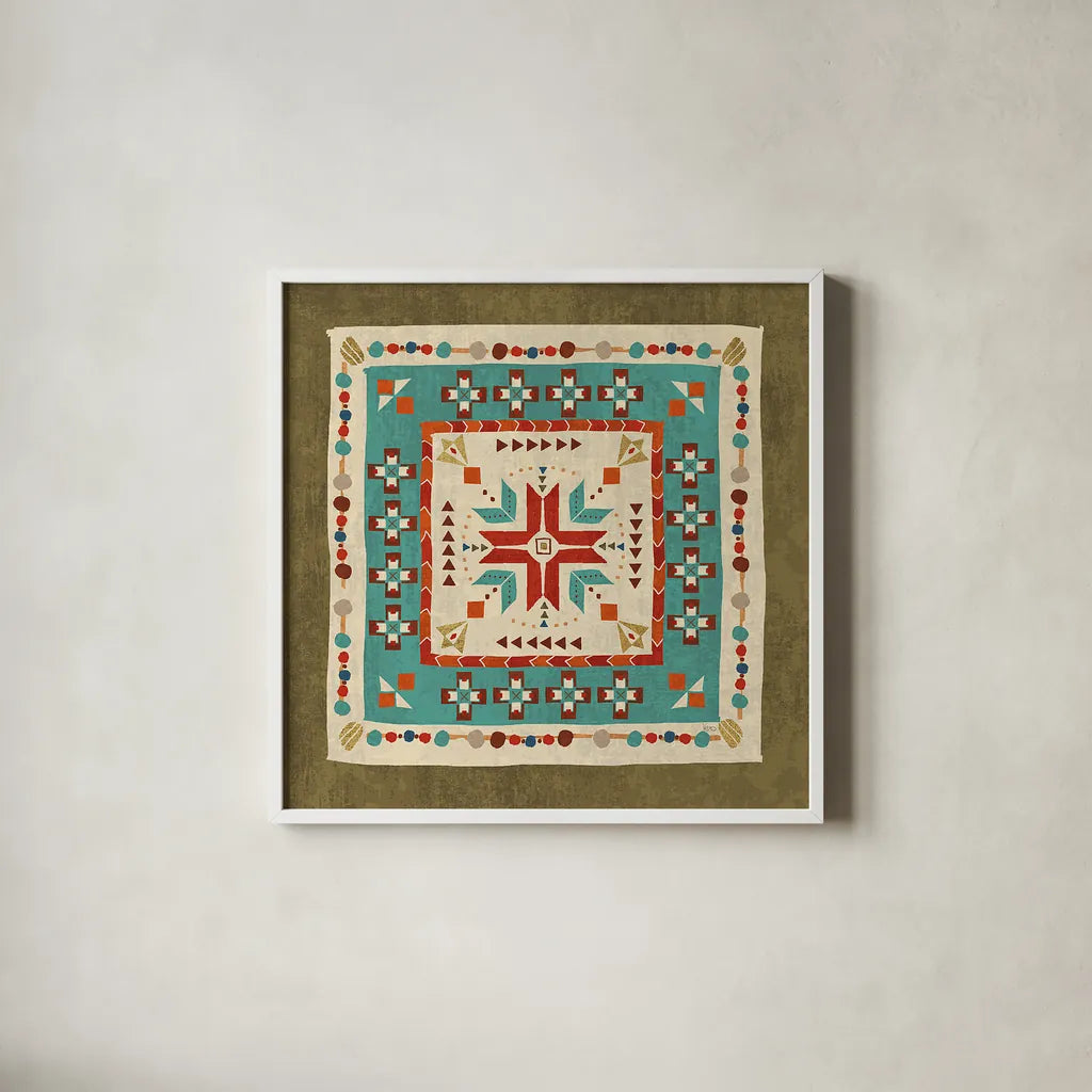 Southwest at Heart Tile VII by Veronique Charron. Shown in a crisp white glass frame for a clean and minimalist style. Available as an archival giclee rolled canvas, fine art paper, or poster print. SKU 20012a.