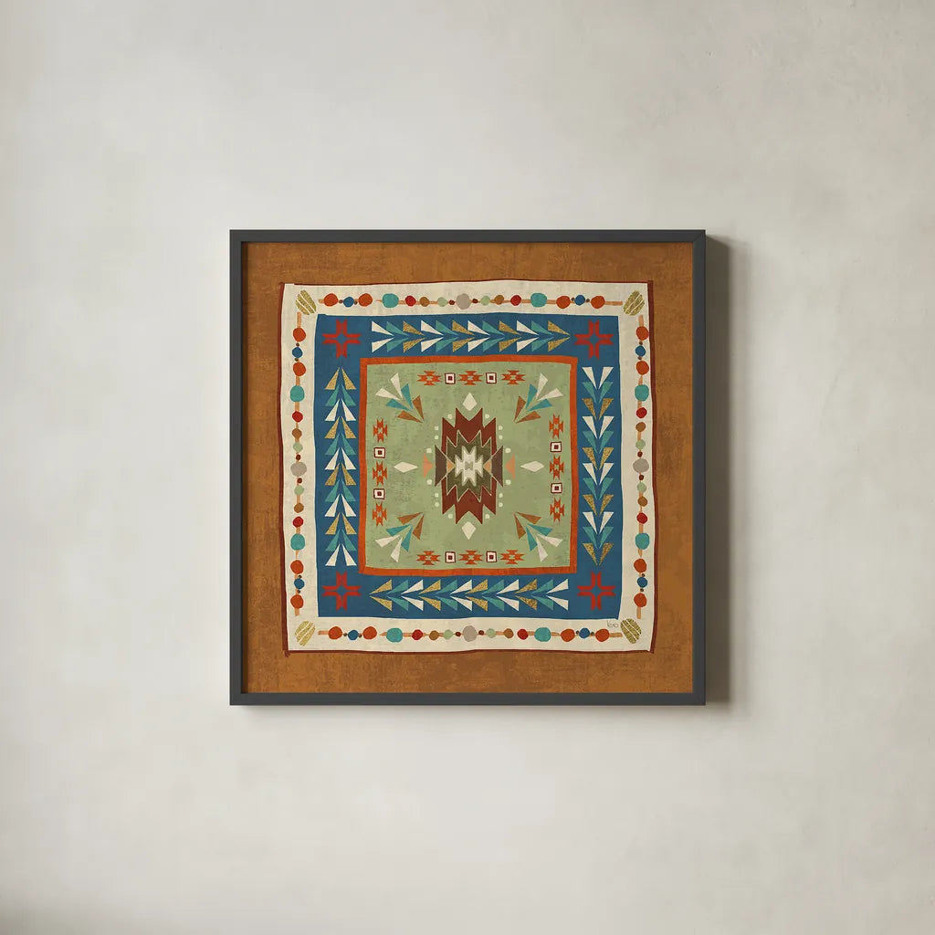 Southwest at Heart Tile VIII by Veronique Charron. Shown in a sleek black glass frame for a contemporary gallery look. Available as an archival giclee rolled canvas, fine art paper, or poster print. SKU 20013a.