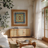 Southwest at Heart Tile VIII by Veronique Charron. Shown in a natural wood frame in a cozy modern living room. Available as an archival giclee rolled canvas, fine art paper, or poster print. SKU 20013a.