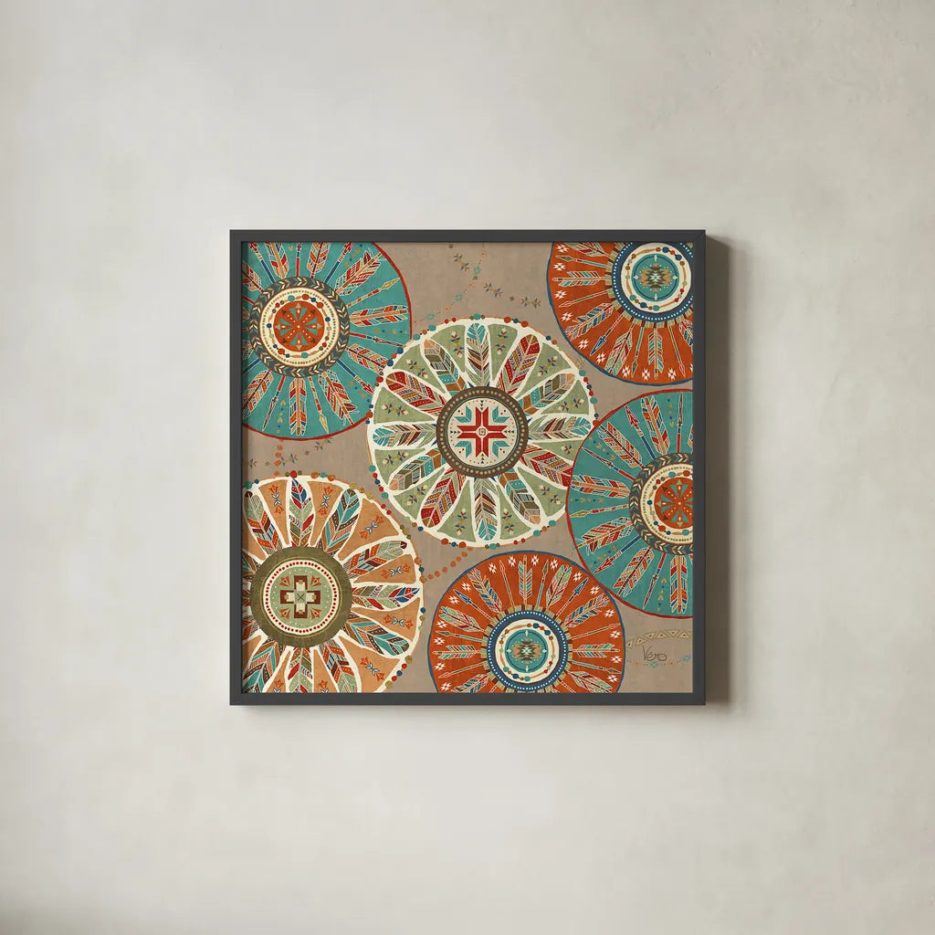 Southwest at Heart XII Square by Veronique Charron. Shown in a sleek black glass frame for a contemporary gallery look. Available as an archival giclee rolled canvas, fine art paper, or poster print. SKU 20021a.