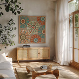 Southwest at Heart XII Square by Veronique Charron. Shown in a natural wood frame in a cozy modern living room. Available as an archival giclee rolled canvas, fine art paper, or poster print. SKU 20021a.