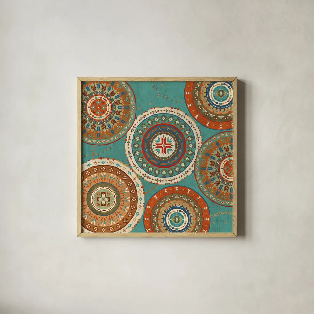 Southwest at Heart XIII Square by Veronique Charron. Shown in a natural wood glass frame for a timeless modern aesthetic. Available as an archival giclee rolled canvas, fine art paper, or poster print. SKU 20022a.