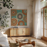 Southwest at Heart XIII Square by Veronique Charron. Shown in a natural wood frame in a cozy modern living room. Available as an archival giclee rolled canvas, fine art paper, or poster print. SKU 20022a.
