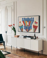 Sparkle and Shine I by Veronique Charron. shown as a framed stretched canvas in a living room above a console. Available as a archival giclee rolled canvas, fine art paper, or poster print. SKU 83714i.