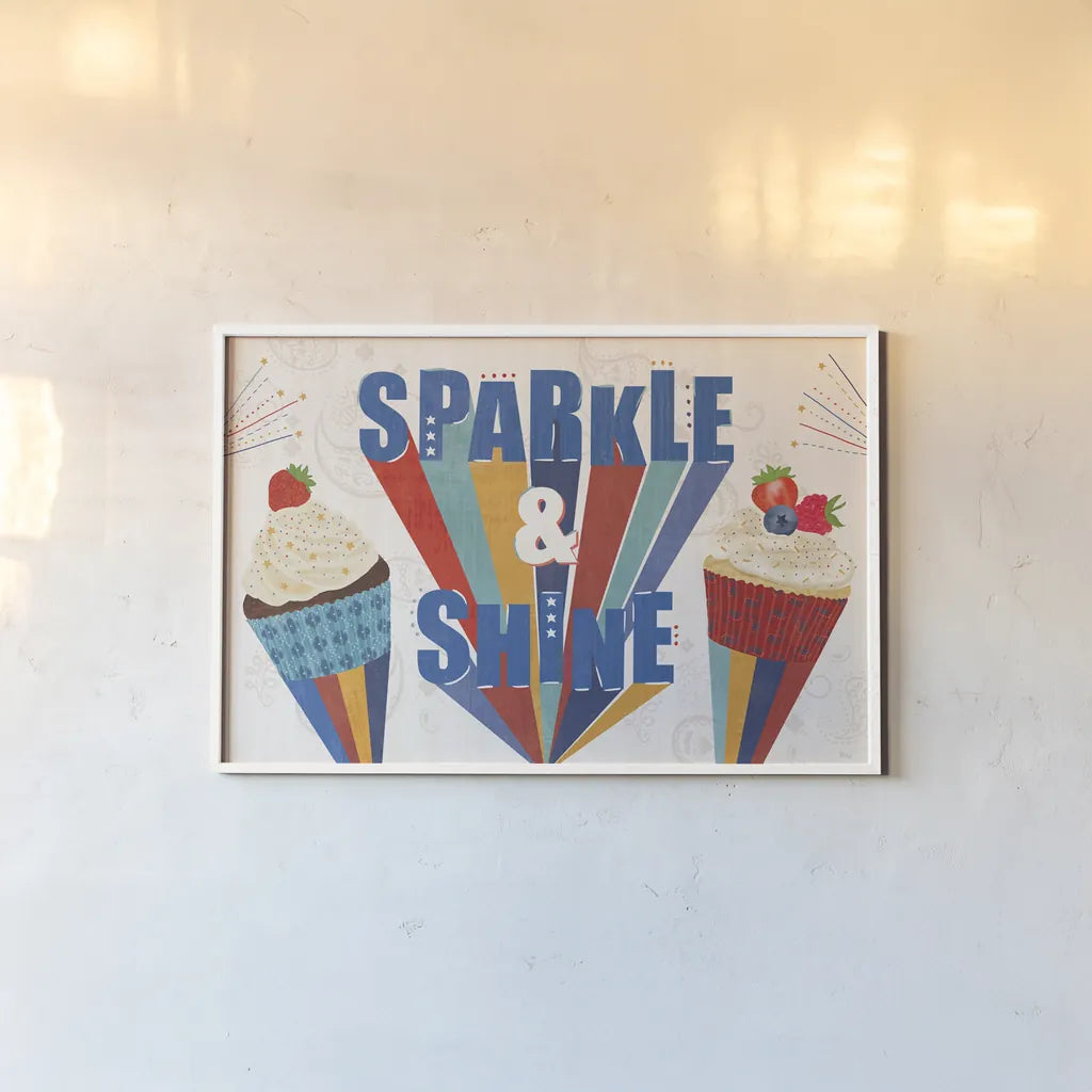 Sparkle and Shine I by Veronique Charron. shown as a paper print in a white frame. Available as a archival giclee rolled canvas, fine art paper, or poster print. SKU 83714i.