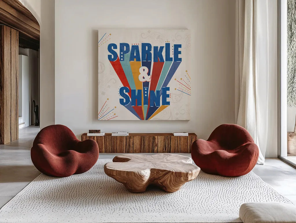 Sparkle and Shine IV by Veronique Charron. Shown as extra-large giant wall art in a modern living room. Available as an archival giclee rolled canvas, fine art paper, or poster print. SKU 83717a.