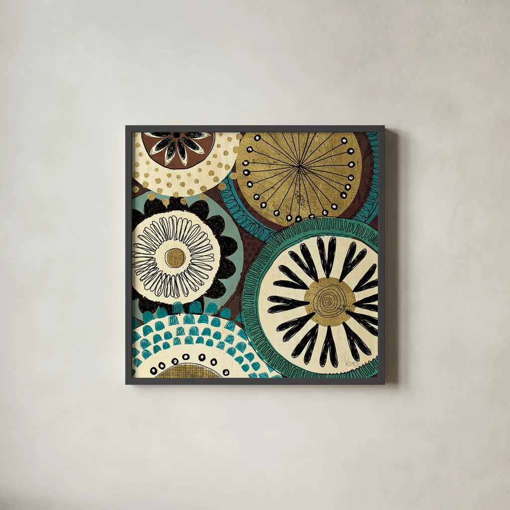 Spice Road IV Blue by Veronique Charron. Shown in a sleek black glass frame for a contemporary gallery look. Available as an archival giclee rolled canvas, fine art paper, or poster print. SKU 21681a.