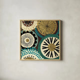 Spice Road IV Blue by Veronique Charron. Shown in a natural wood glass frame for a timeless modern aesthetic. Available as an archival giclee rolled canvas, fine art paper, or poster print. SKU 21681a.
