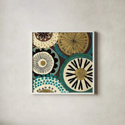 Spice Road IV Blue by Veronique Charron. Shown in a crisp white glass frame for a clean and minimalist style. Available as an archival giclee rolled canvas, fine art paper, or poster print. SKU 21681a.