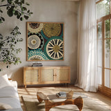 Spice Road IV Blue by Veronique Charron. Shown in a natural wood frame in a cozy modern living room. Available as an archival giclee rolled canvas, fine art paper, or poster print. SKU 21681a.
