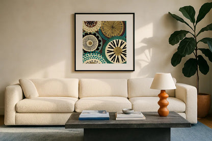 Spice Road IV Blue by Veronique Charron. Displayed in a glass frame with matte in a clean modern living room. Available as an archival giclee rolled canvas, fine art paper, or poster print. SKU 21681a.