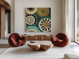 Spice Road IV Blue by Veronique Charron. Shown as extra-large giant wall art in a modern living room. Available as an archival giclee rolled canvas, fine art paper, or poster print. SKU 21681a.
