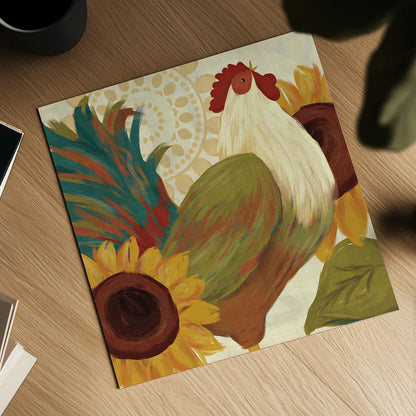 Spice Roosters I by Veronique Charron. Shown as a detailed flat fine art print, highlighting archival giclee quality. Available as an archival giclee rolled canvas, fine art paper, or poster print. SKU 14110a.