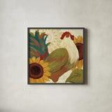 Spice Roosters I by Veronique Charron. Shown in a sleek black glass frame for a contemporary gallery look. Available as an archival giclee rolled canvas, fine art paper, or poster print. SKU 14110a.