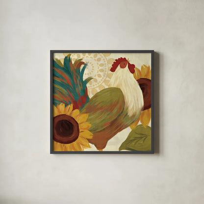 Spice Roosters I by Veronique Charron. Shown in a sleek black glass frame for a contemporary gallery look. Available as an archival giclee rolled canvas, fine art paper, or poster print. SKU 14110a.