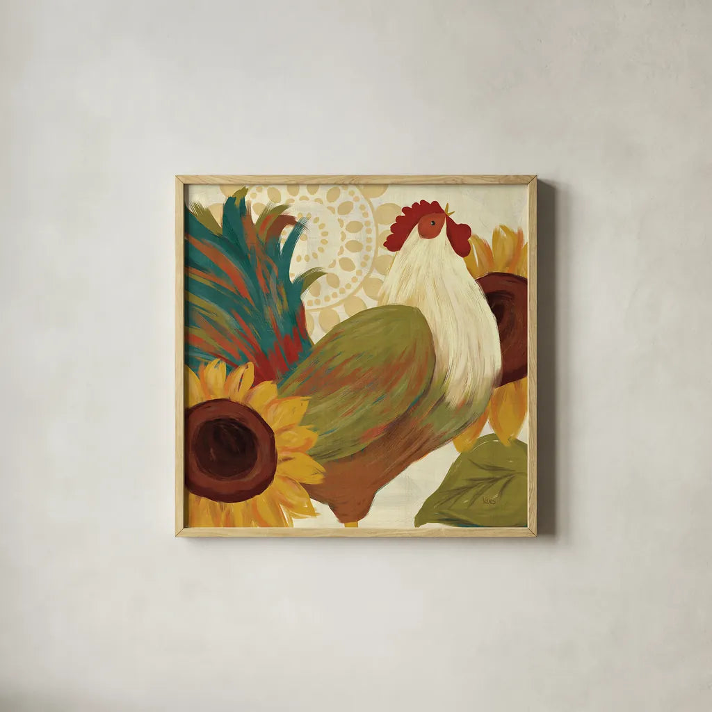 Spice Roosters I by Veronique Charron. Shown in a natural wood glass frame for a timeless modern aesthetic. Available as an archival giclee rolled canvas, fine art paper, or poster print. SKU 14110a.