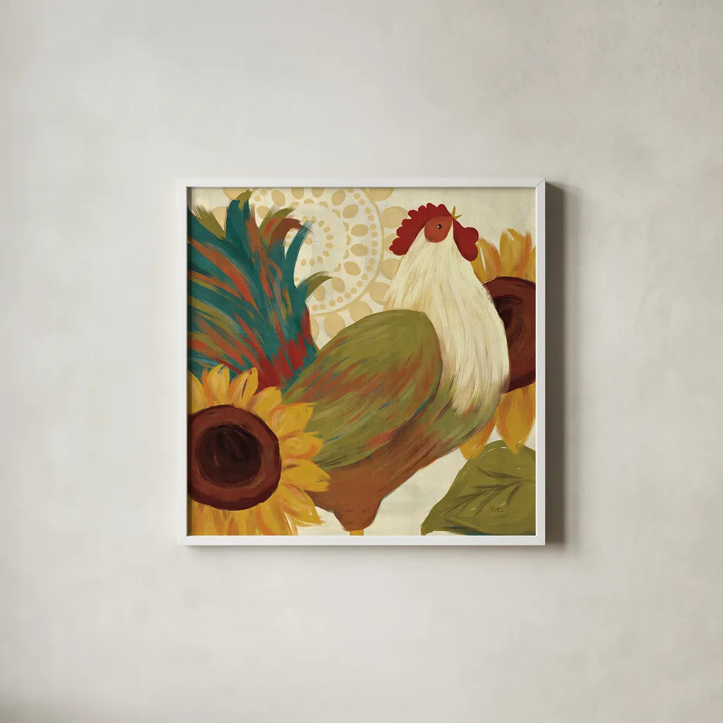 Spice Roosters I by Veronique Charron. Shown in a crisp white glass frame for a clean and minimalist style. Available as an archival giclee rolled canvas, fine art paper, or poster print. SKU 14110a.