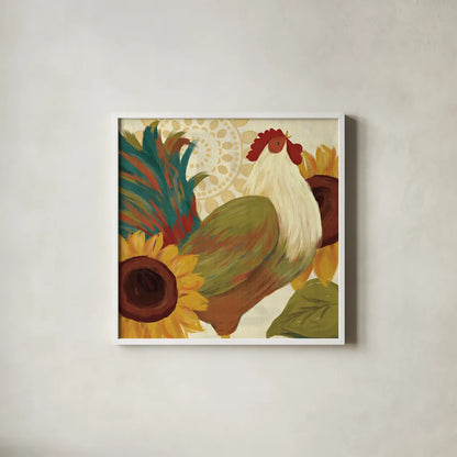 Spice Roosters I by Veronique Charron. Shown in a crisp white glass frame for a clean and minimalist style. Available as an archival giclee rolled canvas, fine art paper, or poster print. SKU 14110a.
