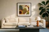 Spice Roosters I by Veronique Charron. Displayed in a glass frame with matte in a clean modern living room. Available as an archival giclee rolled canvas, fine art paper, or poster print. SKU 14110a.