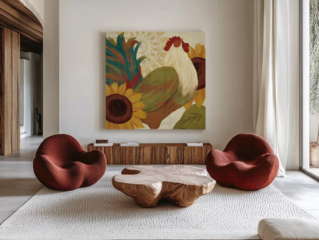 Spice Roosters I by Veronique Charron. Shown as extra-large giant wall art in a modern living room. Available as an archival giclee rolled canvas, fine art paper, or poster print. SKU 14110a.