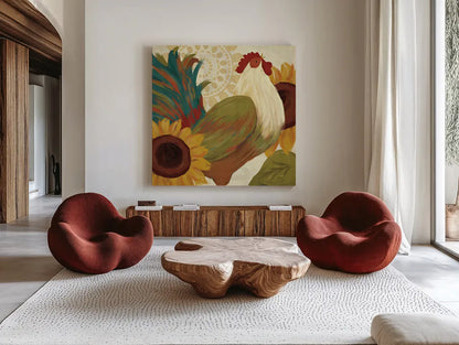 Spice Roosters I by Veronique Charron. Shown as extra-large giant wall art in a modern living room. Available as an archival giclee rolled canvas, fine art paper, or poster print. SKU 14110a.