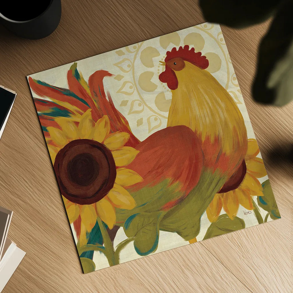 Spice Roosters II by Veronique Charron. Shown as a detailed flat fine art print, highlighting archival giclee quality. Available as an archival giclee rolled canvas, fine art paper, or poster print. SKU 14111a.