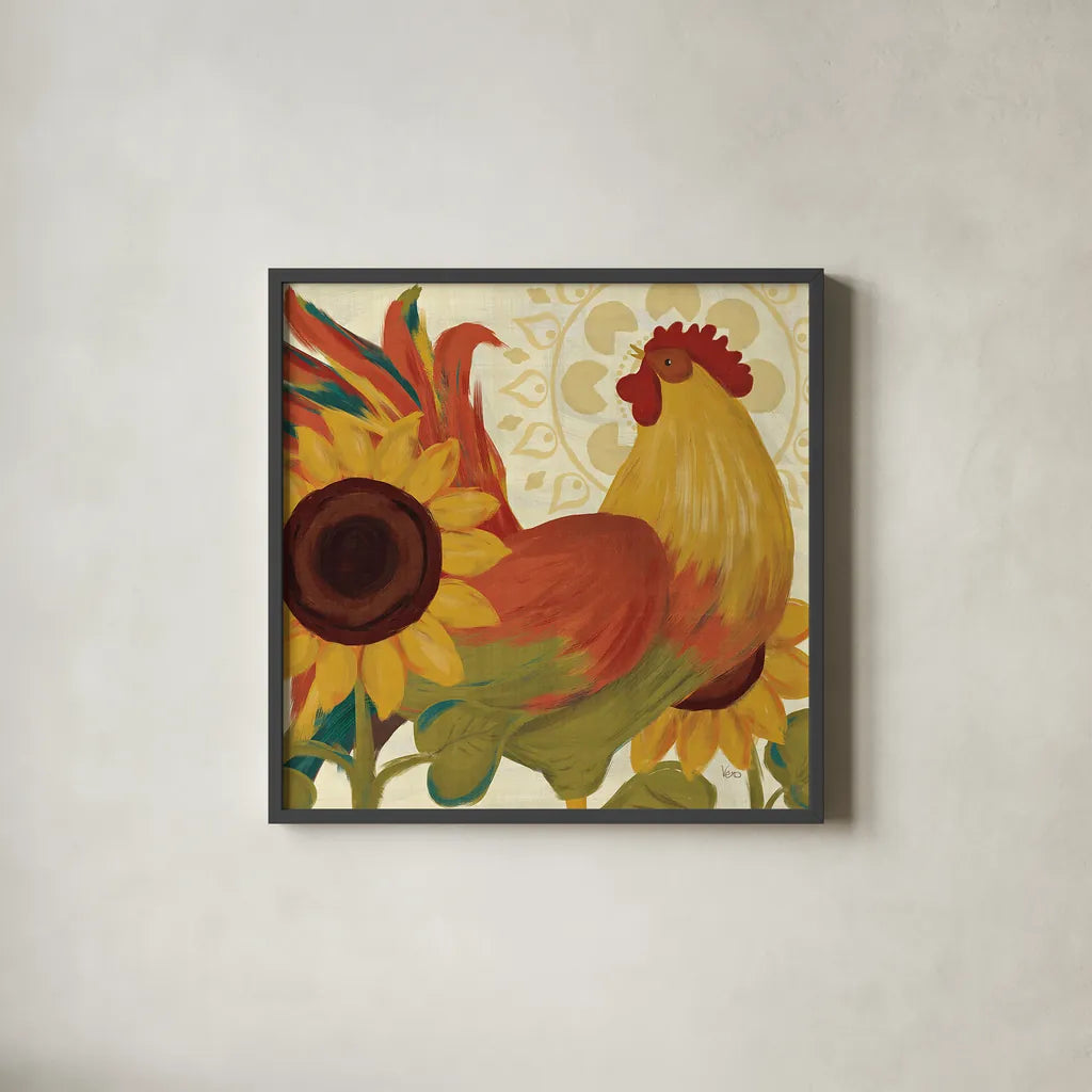 Spice Roosters II by Veronique Charron. Shown in a sleek black glass frame for a contemporary gallery look. Available as an archival giclee rolled canvas, fine art paper, or poster print. SKU 14111a.