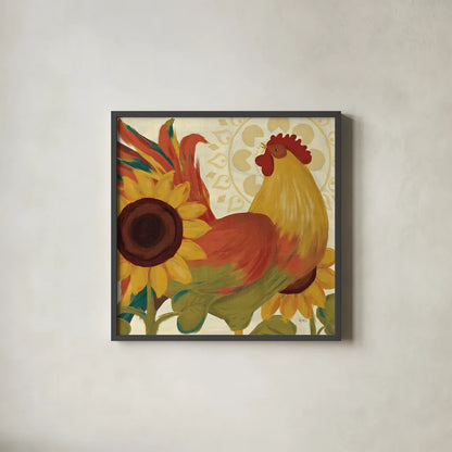 Spice Roosters II by Veronique Charron. Shown in a sleek black glass frame for a contemporary gallery look. Available as an archival giclee rolled canvas, fine art paper, or poster print. SKU 14111a.