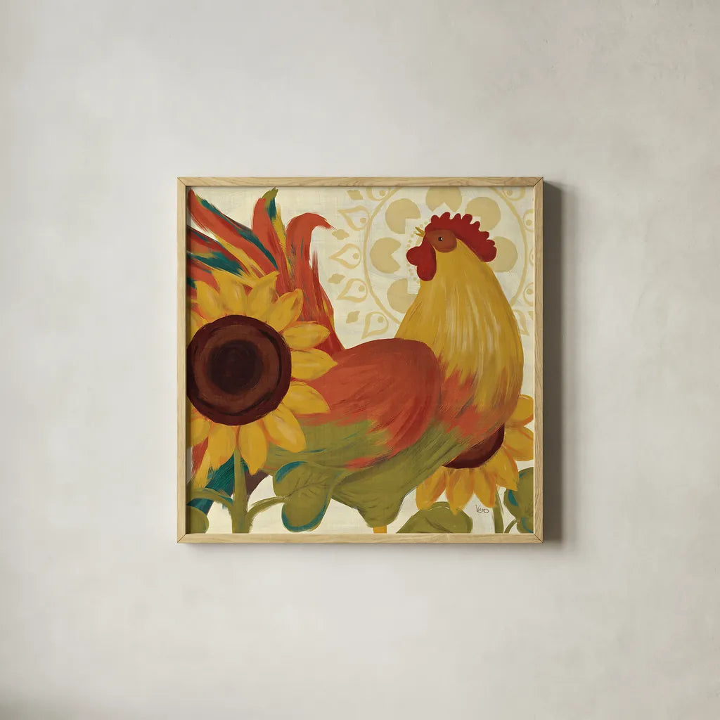 Spice Roosters II by Veronique Charron. Shown in a natural wood glass frame for a timeless modern aesthetic. Available as an archival giclee rolled canvas, fine art paper, or poster print. SKU 14111a.