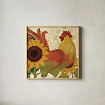 Spice Roosters II by Veronique Charron. Shown in a natural wood glass frame for a timeless modern aesthetic. Available as an archival giclee rolled canvas, fine art paper, or poster print. SKU 14111a.