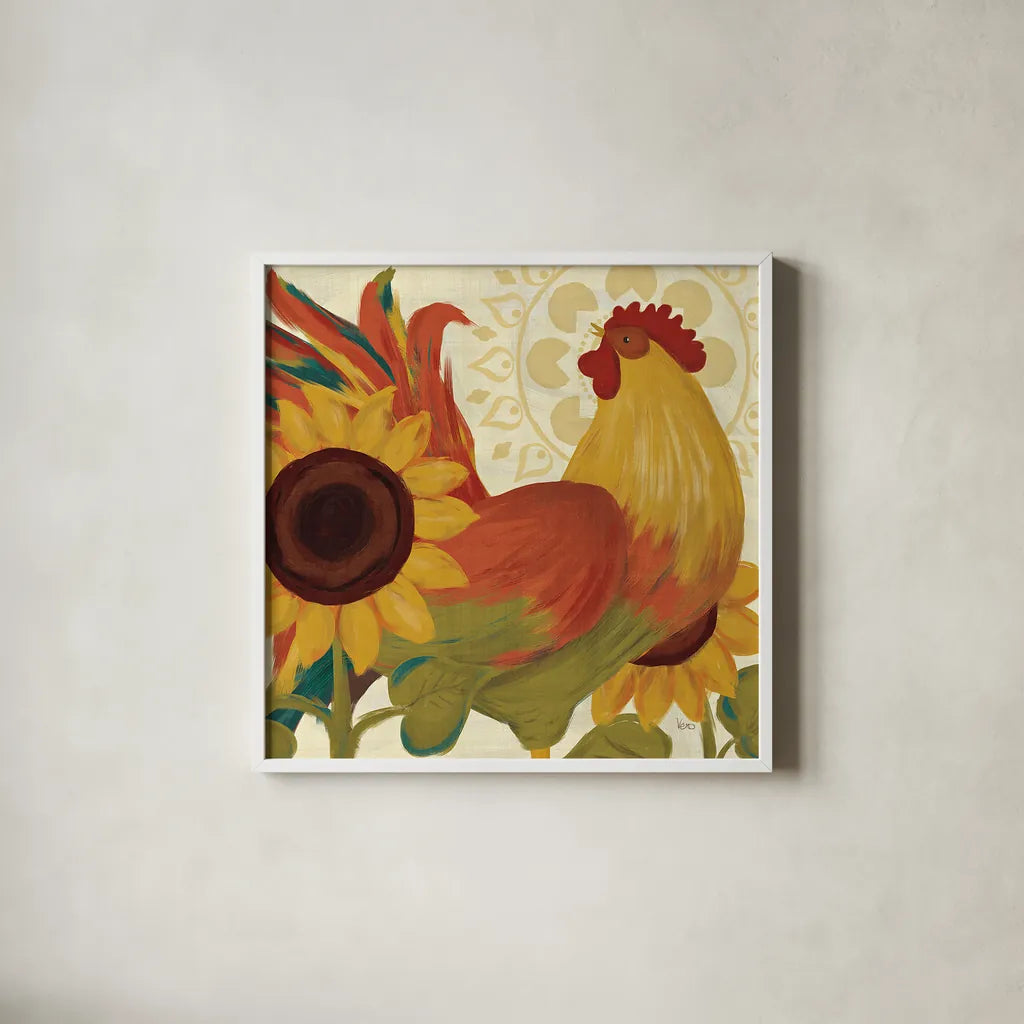 Spice Roosters II by Veronique Charron. Shown in a crisp white glass frame for a clean and minimalist style. Available as an archival giclee rolled canvas, fine art paper, or poster print. SKU 14111a.