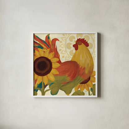 Spice Roosters II by Veronique Charron. Shown in a crisp white glass frame for a clean and minimalist style. Available as an archival giclee rolled canvas, fine art paper, or poster print. SKU 14111a.