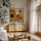 Spice Roosters II by Veronique Charron. Shown in a natural wood frame in a cozy modern living room. Available as an archival giclee rolled canvas, fine art paper, or poster print. SKU 14111a.