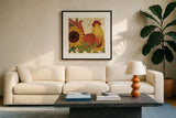 Spice Roosters II by Veronique Charron. Displayed in a glass frame with matte in a clean modern living room. Available as an archival giclee rolled canvas, fine art paper, or poster print. SKU 14111a.