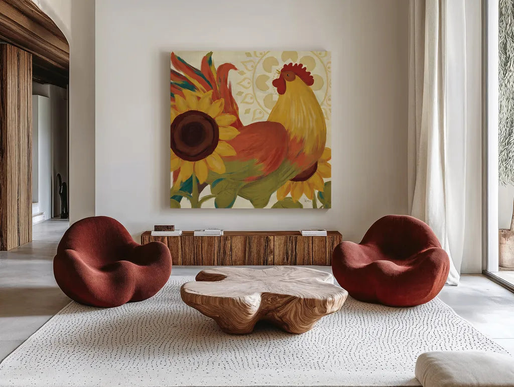 Spice Roosters II by Veronique Charron. Shown as extra-large giant wall art in a modern living room. Available as an archival giclee rolled canvas, fine art paper, or poster print. SKU 14111a.