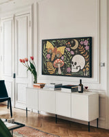 Spooky Chic I by Veronique Charron. shown as a framed stretched canvas in a living room above a console. Available as a archival giclee rolled canvas, fine art paper, or poster print. SKU 91197i.