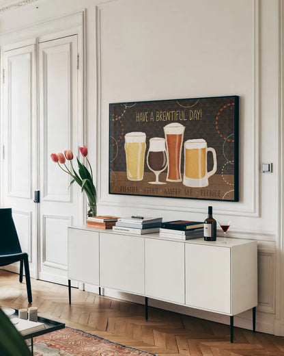 Suds I by Veronique Charron. shown as a framed stretched canvas in a living room above a console. Available as a archival giclee rolled canvas, fine art paper, or poster print. SKU 37222i.