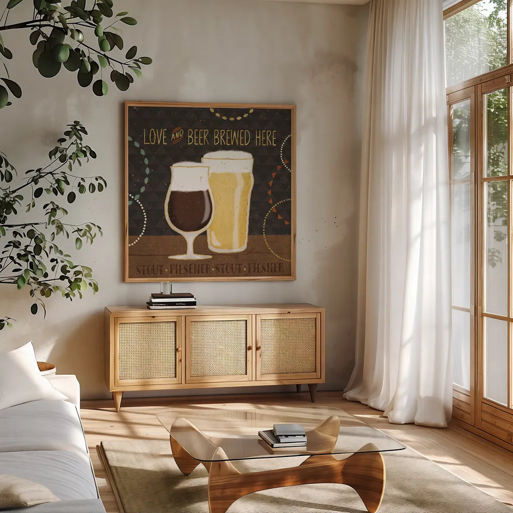 Suds II by Veronique Charron. Shown in a natural wood frame in a cozy modern living room. Available as an archival giclee rolled canvas, fine art paper, or poster print. SKU 37223a.