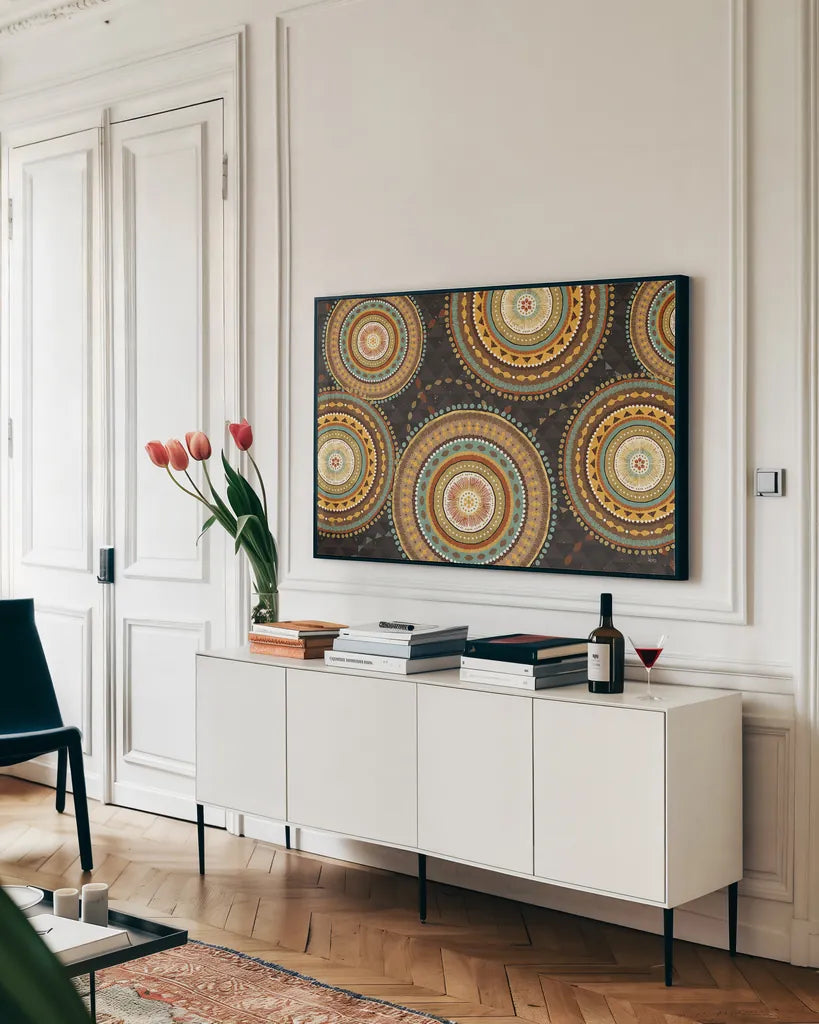 Suds IV by Veronique Charron. shown as a framed stretched canvas in a living room above a console. Available as a archival giclee rolled canvas, fine art paper, or poster print. SKU 37225i.