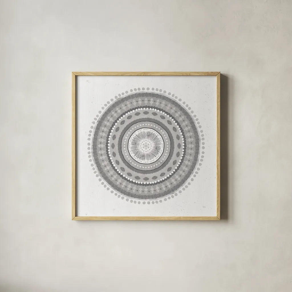 Suds Mandala by Veronique Charron. Shown in a natural wood glass frame for a timeless modern aesthetic. Available as an archival giclee rolled canvas, fine art paper, or poster print. SKU 42194a.