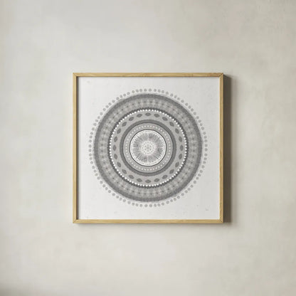 Suds Mandala by Veronique Charron. Shown in a natural wood glass frame for a timeless modern aesthetic. Available as an archival giclee rolled canvas, fine art paper, or poster print. SKU 42194a.