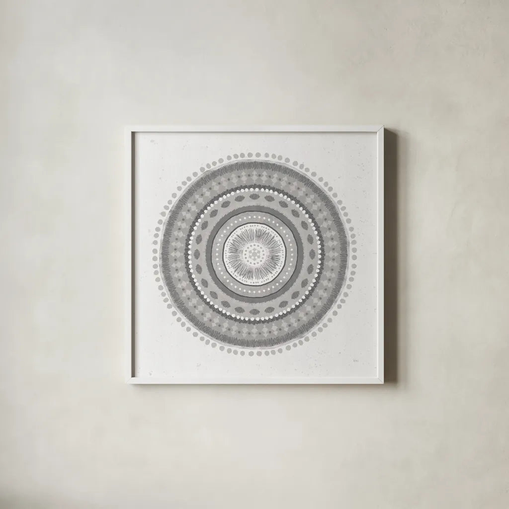 Suds Mandala by Veronique Charron. Shown in a crisp white glass frame for a clean and minimalist style. Available as an archival giclee rolled canvas, fine art paper, or poster print. SKU 42194a.