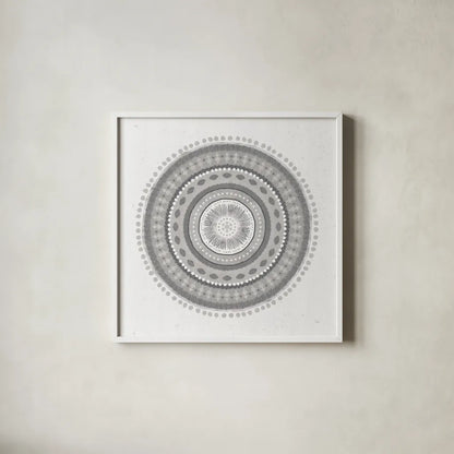 Suds Mandala by Veronique Charron. Shown in a crisp white glass frame for a clean and minimalist style. Available as an archival giclee rolled canvas, fine art paper, or poster print. SKU 42194a.