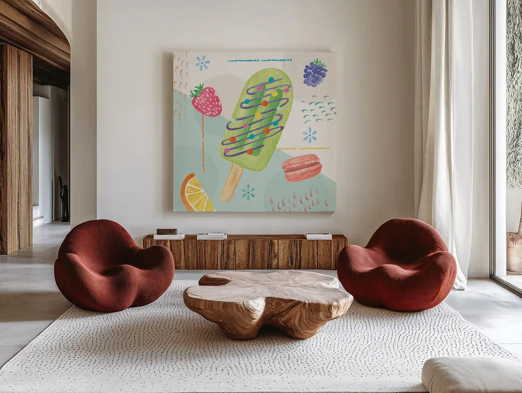 Summer Breeze I by Veronique Charron. Shown as extra-large giant wall art in a modern living room. Available as an archival giclee rolled canvas, fine art paper, or poster print. SKU 89579a.