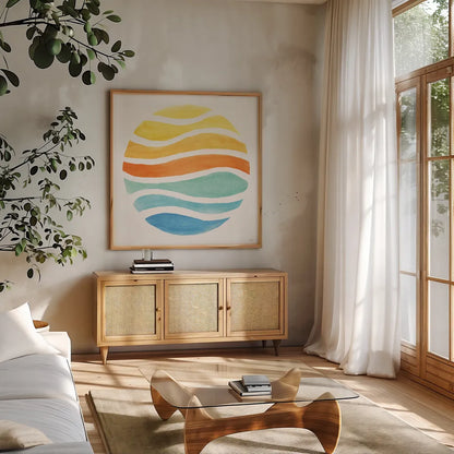 Summer Breeze X by Veronique Charron. Shown in a natural wood frame in a cozy modern living room. Available as an archival giclee rolled canvas, fine art paper, or poster print. SKU 89588a.