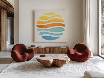 Summer Breeze X by Veronique Charron. Shown as extra-large giant wall art in a modern living room. Available as an archival giclee rolled canvas, fine art paper, or poster print. SKU 89588a.