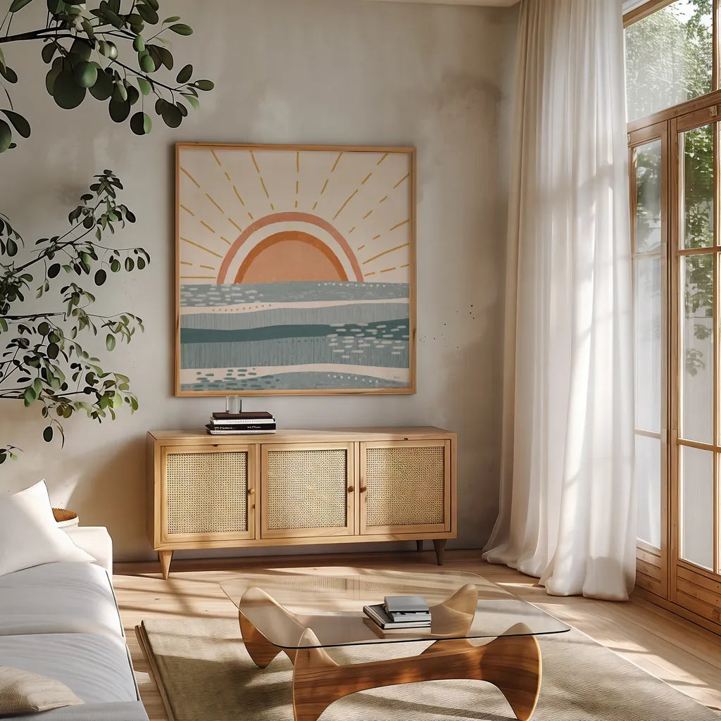 Summer Desert I by Veronique Charron. Shown in a natural wood frame in a cozy modern living room. Available as an archival giclee rolled canvas, fine art paper, or poster print. SKU 74759a.